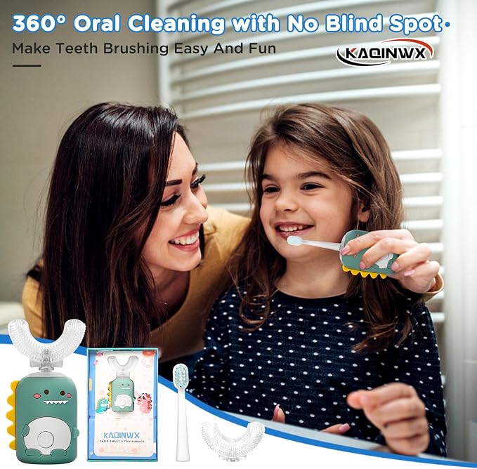Kids U Shaped Electric Toothbrush for Age 2-12, Rechargeable Toddler Toothbrush with 60S Smart Timer, Dinosaur Design, IPX7 Waterproof & 360°Cleaning,Develop Kids' Brushing Habits