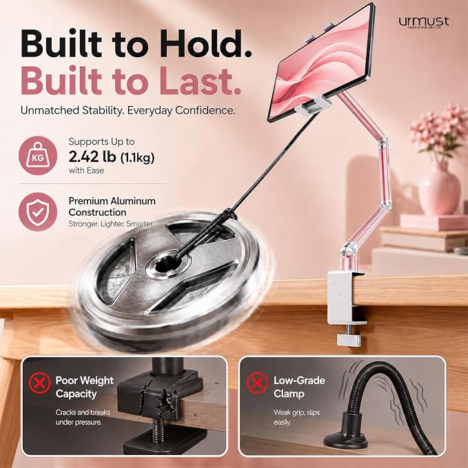 Urmust Portable Monitor Stand 15.6", iPad Stand for Desk, Portable Monitor Holder up to 18.5", Adjustable Desktop Tablet Arm Mount, iPad Holder for Desk, for 4.7"-12.9" i Pad Pro/Air/Mini Pink