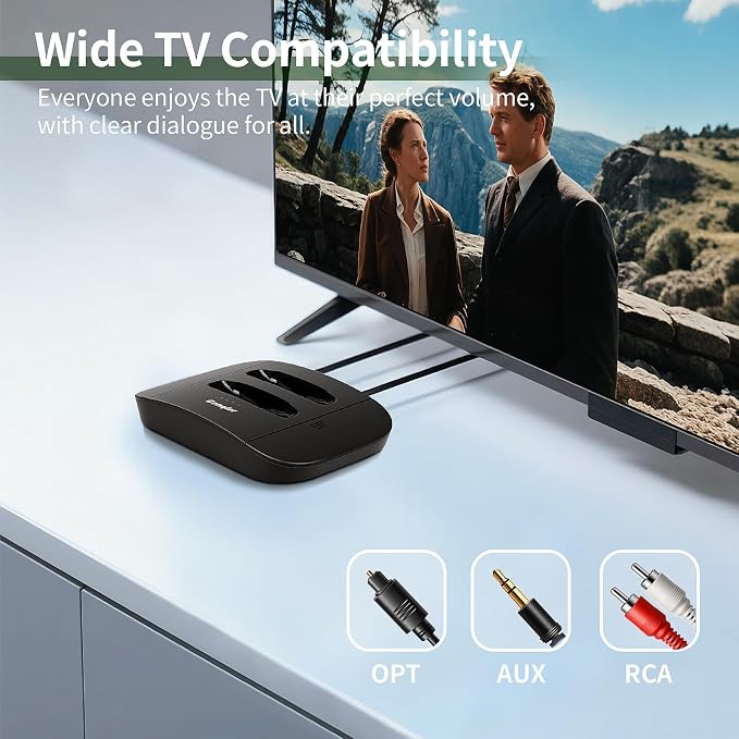 Conqier Dual Wireless Headphones for TV Watching for Seniors, 2 Headsets & 2.4GHz Transmitter, 164FT Range No Delay, Voice Enhancer & Ambient Sound, L/R Balance, Personal Volume, Hear Your TV Better