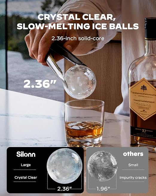 Silonn 2.4″ Sphere Ice Maker Countertop, Clear Ice Ball Maker Machine with Crystal Sphere & Rapid Sphere Technology, 3 pcs in 40 Mins, 100 pcs/Day, Self-Cleaning Ice Maker Ideal for Whiskey