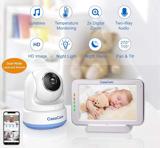 CasaCam Dual Mode Local & Remote View Baby Monitor with 5" Touchscreen and HD Pan & Tilt Camera, Secured Phone App, Two Way Audio, Lullabies, Nightlight, Night vision and Temperature Sensor. BM200 Pro