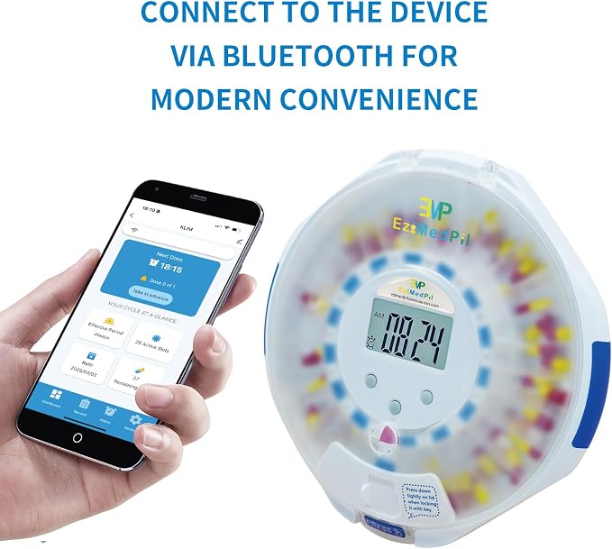 EziMedPil Bluetooth Automatic Pill Dispenser with Frosted Privacy Lid | Tracks Adherence History for Dementia & Chronic Disease Seniors, App & On-Device Setup, Sound-Light Reminders, 9 Daily Alarms
