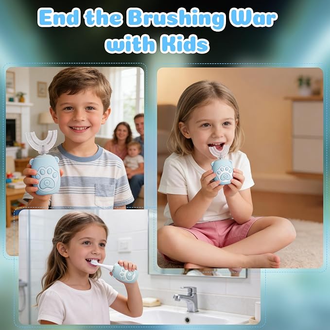Kids U Shaped Electric Toothbrush for Age 2-12, Rechargeable Toddler Toothbrush with Smart Timer & 3 Clean Modes, Cat's Claw Design, IPX7 Waterproof, 3 Brush Heads & 360°Cleaning