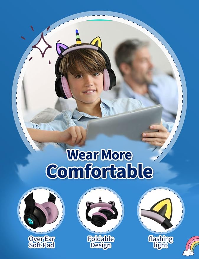 Unicorn Headphones for Girls,Bluetooth Unicorn Headphones Toddler School Laptop Cellphones Plane use, Light Up Wireless Kid Headphone Birthday Gifts (Black)