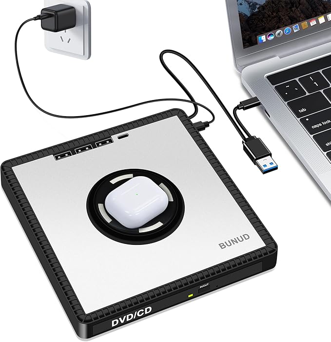 BUNUD External CD/DVD Drive for PC: DVD Burner with 15W Fast Wireless Charger for AirPods 4 3 2 Pro - External DVD Player for Laptop Mac Apple Windows with SD/TF/3 USB Ports