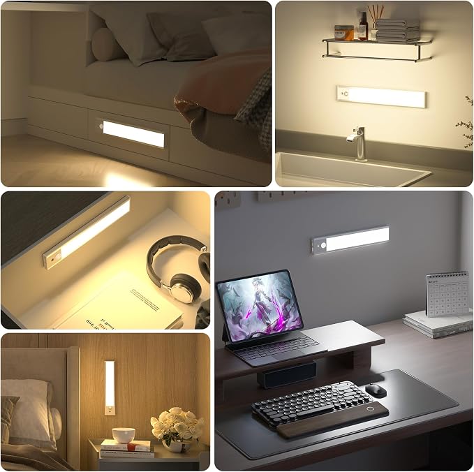 Under Cabinet Lights Motion Sensor 3 Color Temperatures LED Closet Light, USB-C Rechargeable Under Counter Lights Night Light for Kitchen, Wardrobe (Silver - 3 Color Remote, 8.07 Inch - 3 Pack)