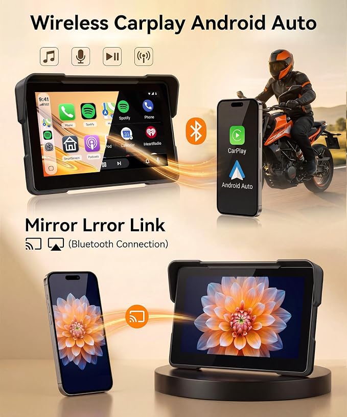 7" Motorcycle Wireless CarPlay GPS Navigation System, Android Auto Portable CarPlay Screen for Motorcycle, Dual Bluetooth Car Play Moto, Si-ri, Goo-gle Assistant, EQ, IP67 Waterproof Moto Screen
