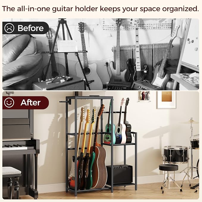 MAHANCRIS Multi-Guitar Rack, for Acoustic, Electric, Bass, Ukulele, Banjo, 5 Guitars, AMP Stand, Record Rack, Accessory Holder, EVA Cover, Home Studio, Black GSHB8501