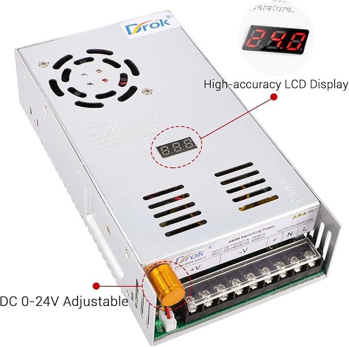 DROK 24V Power Supply, AC 110V/220V to DC 0-24V 20A 480W Buck Converter, Variable Adjustable Adapter Regulated 5V 12V 24V Volt Switching Voltage LED Transformer 20A Amp Charger for Computer Lab