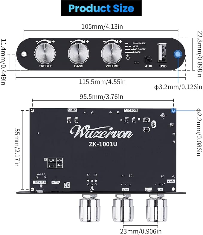 2 Pack ZK-1001U Bluetooth 5.3 Mono Amplifier Board with TWS & Boost Circuit, Mini Audio Amp for Home Outdoor DIY Speakers with 100W Power Output, Treble and Bass, USB/AUX/BT Input, DC 9-24V