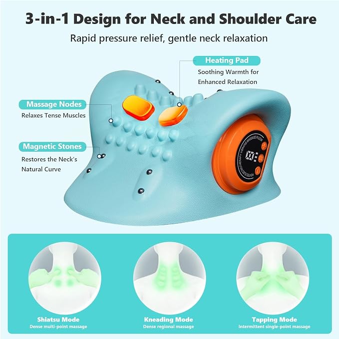 2026 Upgraded 3-in-1 Neck Massager, Portable Cervical Traction Device, 3 Heat Levels & 3 Vibration Modes, Ergonomic Support for Neck Pain Relief & Muscle Relaxation, Home & Office Use