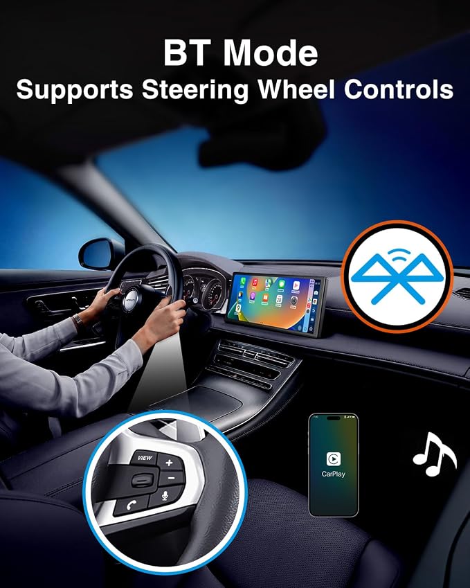 10.25″ CarPlay Screen with Dashcam & Apps, Built-in Google-Play & 6GB+128GB, Portable Android Auto Display 1920x720, Dual 1080P DVR, Wireless Bluetooth, Supports Steering Wheel Controls