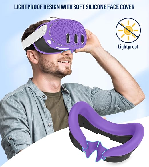Silicone Cover Set Compatible with Meta/Oculus Quest 3 Accessories, Controller Grips, VR Shell Cover, Facial Interface Cover, Protective Lens Cover, Tempered Glass Lens Caps, Not Fit Quest 3S