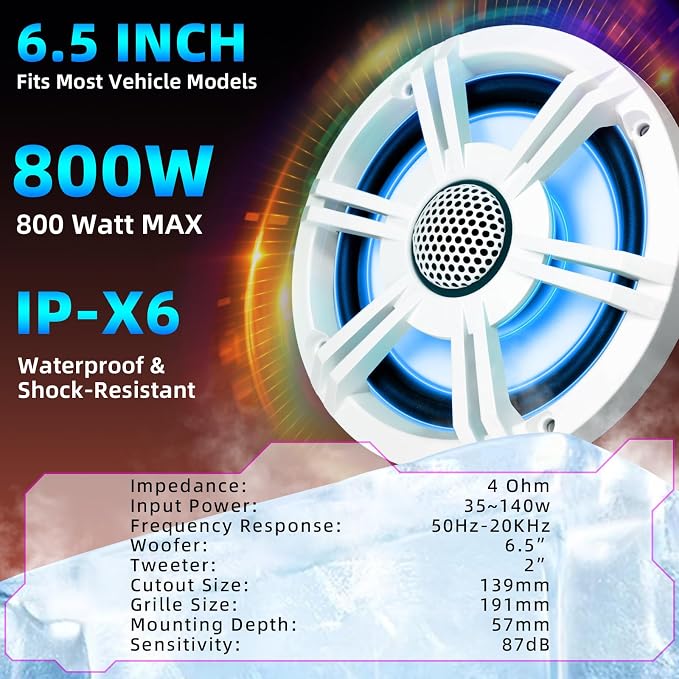 6.5" 800W Marine Speakers, IP-X6 Waterproof Boat Stereo Speakers with LED Lights, 2-Way Coaxial Audio, Y35 Woofer, UV & Salt Spray Resistant (Pair, White)