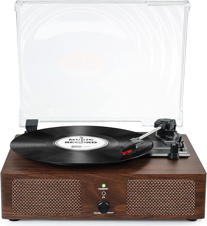 Vinyl Record Player with Built-in Speakers and USB,Belt-Driven Bluetooth Turntable with 3 Speed AUX Input Headphone Jack and RCA Output Vintage Wooden Coffee
