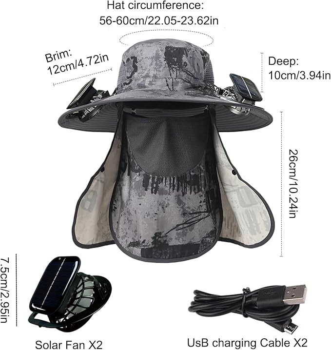 Vingtank Solar Fan Hat, Wide Brim Solar Fan Outdoor Fishing Hat with Removable Neck Flap and Face Cover for Fishing, Hiking, Camping Grey