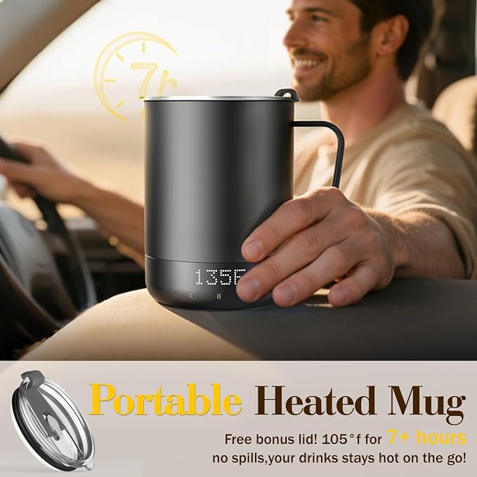 14oz Smart Heated Mug, Rechargeable Self-Heating Coffee Mug with 10 Temp Settings, Keeps Coffee Hot for Hours, No App Required, LED Display & Memory Function for Home Office, Coffee Tea Lover (Black)