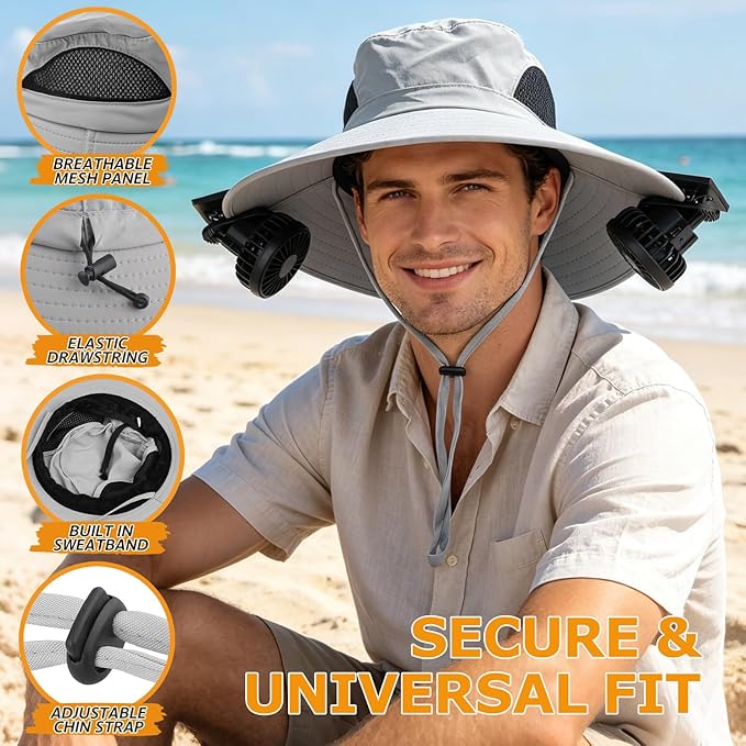 Wide Brim Sun Bucket Hat with 2 Solar Powered Fan for Men & Women | Waterproof & UPF 50+ Sun Protection Hat with Dual-Power Clip-On Cooling Fans for Outdoor Hiking Fishing Gardening