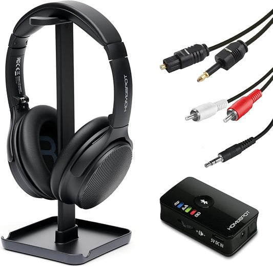 HomeSpot Wireless Over-Ear Headphones Transmitter Set for TV Movie Bluetooth 5.3 aptX LL No Delay 50 Hours Immersive Sound Enhanced Volume and Clarity (Digital Optical TOSLINK RCA AUX)