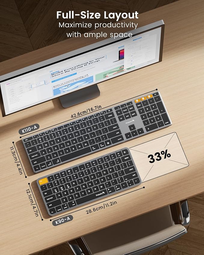 ProtoArc Backlit Wireless Keyboard for Mac - K110-A Aluminum Bluetooth Keyboard for Mac, Adjustable Feet, Multi-Device, Ultra Slim Full Size Rechargeable, for MacBook Pro/Air, iMac - Space Gray