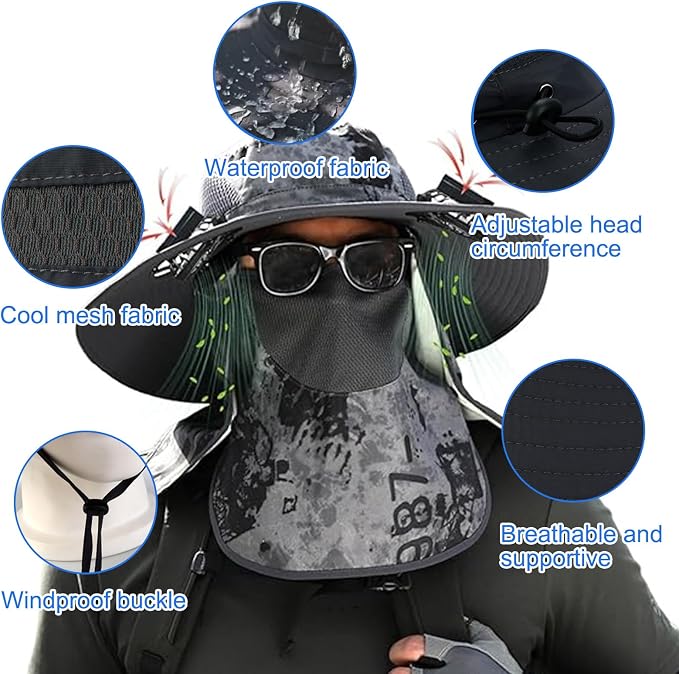 Vingtank Solar Fan Hat, Wide Brim Solar Fan Outdoor Fishing Hat with Removable Neck Flap and Face Cover for Fishing, Hiking, Camping Grey