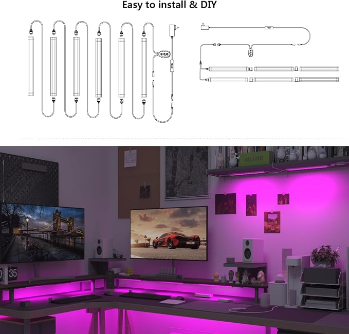 Smart Under Cabinet Lighting with Remote,RGB Cabinet Lights,Color Changing LED Strip Lights for PC,Kitchen Under Counter Lighting Plug in,Shelf Lights,LED Light Bar,Work with Alexa,Google,App,6pcs