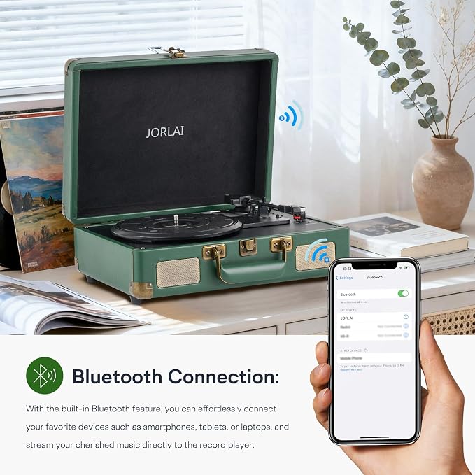 Record Player Portable with Bluetooth Connection USB Playback and Built in Rechargeable Battery 3 Speed Turntable Suitcase Design Vinyl Player with Built in Speakers for Home or Travel