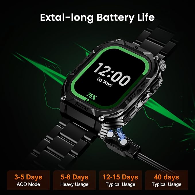 AMAZTIM Smart Watch with GPS - Rugged Outdoor Fitness Watch, 170+ Sports Modes, 5 ATM Waterproof, 1.96" AMOLED, Answer/Make Calls, Android & iOS Compatible (2 Straps)