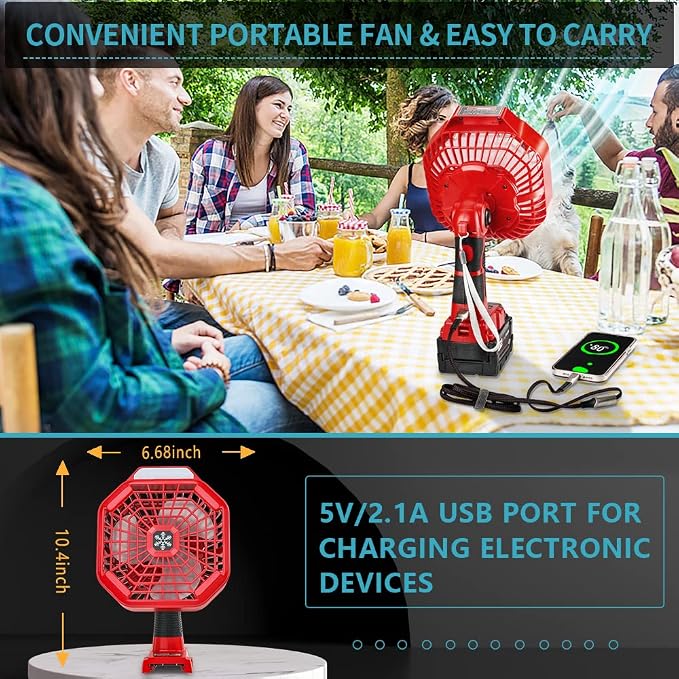 Portable Camping Fan for Milwaukee 18v Battery, Tent Fans with Remote, LED Work Light(2 Pack)