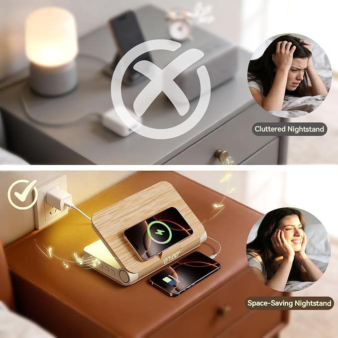 Vivilumens Alarm Clocks Bluetooth Speaker Dual Charging Wireless Bedside Lamp Night Light for Adults Teens with Book Shape Sunrise Wake Up Light for Bedroom Home Decor Gifts for Father（Wooden Grain）