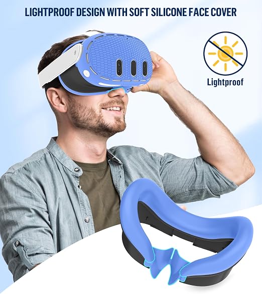 Silicone Cover Set Compatible with Meta/Oculus Quest 3 Accessories, Controller Grips, VR Shell Cover, Facial Interface Cover, Protective Lens Cover, Tempered Glass Lens Caps, Not Fit Quest 3S