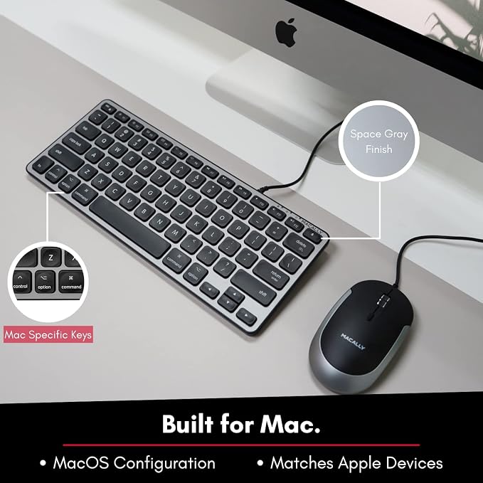 Macally Backlit Compact Keyboard and a Wired Computer Mouse, Sleek and Clean