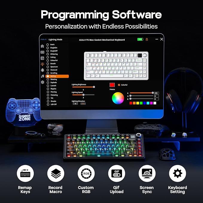 EPOMAKER X Aula F75 MAX Wireless Mechanical Keyboard with TFT Screen and Knob, Gasket Keyboard in 75% Layout, Hot Swappable Gaming Keyboard for PC/Mac/Linux (Matte Black)