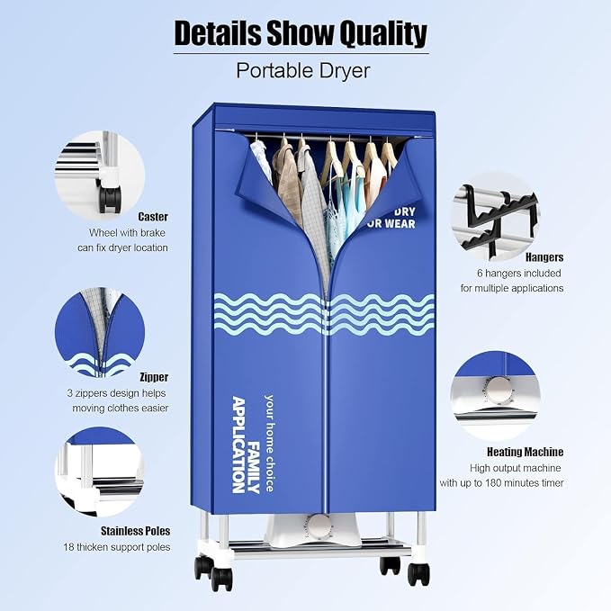 Clothes Dryer, Portable Drying Machine with Timer, 60inch Laundry Drying Wardrobe with Large Capacity, Electric Dryer/Rack for Home | Appartments (Blue UE5)