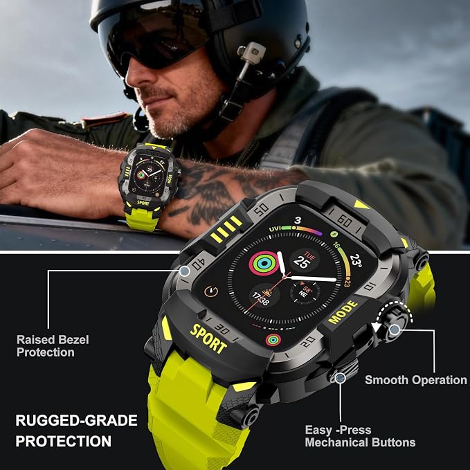 DABAOZA Rugged Case with Band Compatible with Apple Watch 45mm, for iWatch Series 9/8/7,Military Grade Shockproof Bumper and Men's Tactical Heavy Duty Strap(Fluorescent Green,45MM)