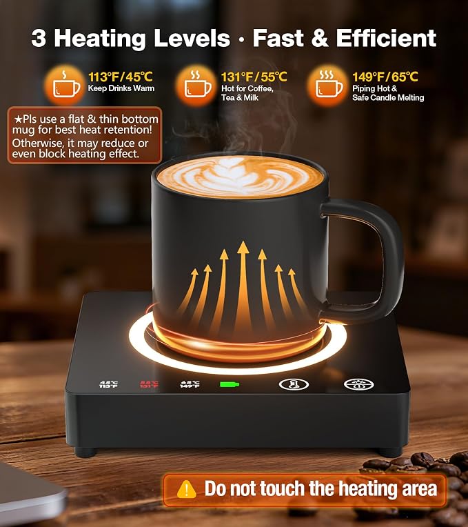 Mug Warmer Cordless 180 Min Battery Life - 10000mAh Portable Charger, Wireless Coffee Cup Warmer for Desk, 3 Temp Settings, Smart Candle Heat Plate for Home, Office, Travel, Camping & Gifts for Men