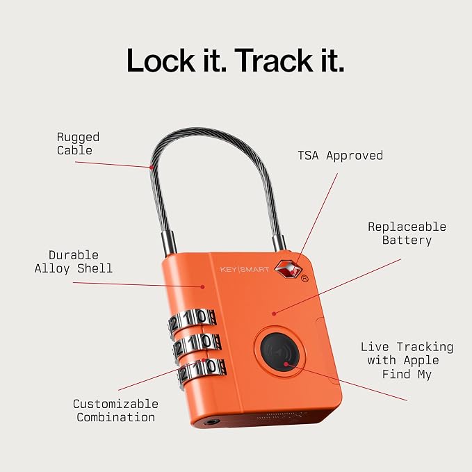 KeySmart SmartLock Tracking Luggage Locks, TSA Locks for Luggage, Combination Lock Compatible with Apple Find My App, Best Travel Essentials, Replaceable Non-Rechargeable Battery (Orange 1 Pack)