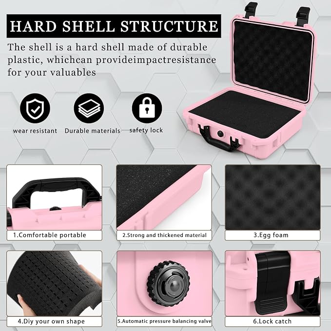 Relaxweex 1 Pcs Waterproof Hard Case with DIY Customizable Foam Insert Portable Protective Case with Knife for Camera Drones Equipments Tools Test Instruments(Pink,8.5 x 6.5 x 3.7 Inch)