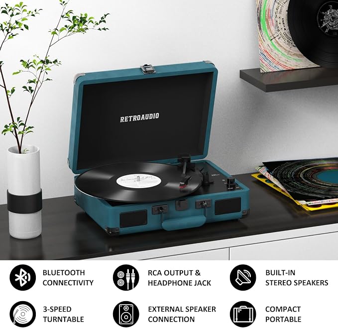 Vinyl Record Player 3 Speed Bluetooth Portable Suitcase Belt-Driven Record Player with 2 Built-in Stereo Speakers Vinyl Vintage Turntable Records Player with RCA Line Out, AUX Out (Smoke Blue)