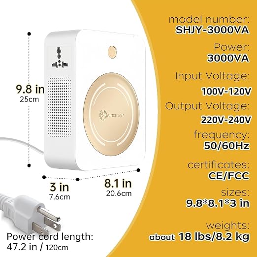 SUNSHUN 3000W 110v to 220v Converter Step Up Voltage Transformer 110v/120V to 220V/240V with 2 Output Sockets for Europe Asia Appliances Used in US 3000 Watts Gold