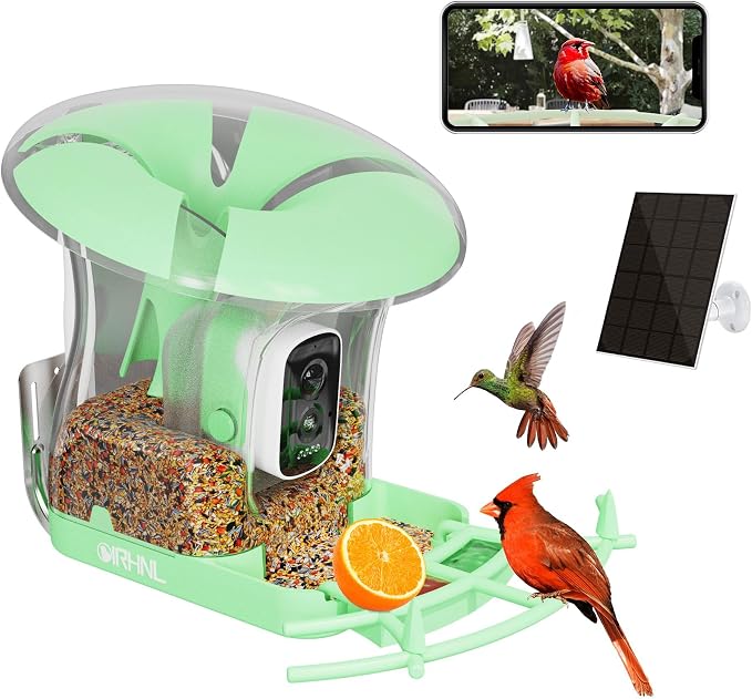 Smart Bird Feeder with Camera, Solar Powered 3 L Capacity, 2K HD AI Identify Bird Species, Weatherproof Auto Video Recording, Real-Time Alerts, Ideal Gift for Tech Lovers and Parents (Green)