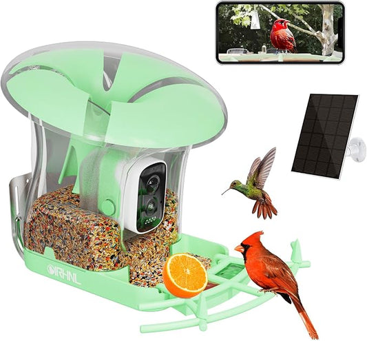 Smart Bird Feeder with Camera, Solar Powered 3 L Capacity, 2K HD AI Identify Bird Species, Weatherproof Auto Video Recording, Real-Time Alerts, Ideal Gift for Tech Lovers and Parents (Green)