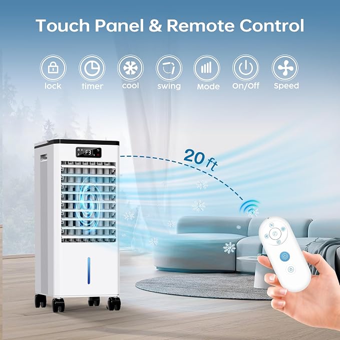 Evaporative Air Cooler, 4-IN-1 Portable Air Conditioners, Swamp Cooler, 3 Speeds & 4 Modes, 2-Gal Tank for Cooling, 16 FT/S Remote Control, Windowless Air Conditioners for Indoors