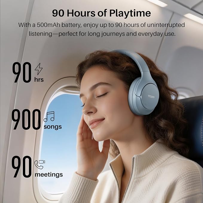 TOZO HT3 Hybrid Noise Cancelling Headphones, 90H Battery Life Wireless Over Ear Bluetooth 6.0 Foldable Headset, AI Voice Assistant with 5 Mics, Connect 2 Devices and Hi-Res Sound, 32 EQ Audio Presets