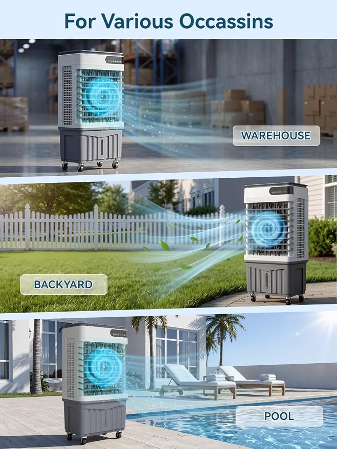 2800CFM Swamp Cooler, 4-IN-1 Evaporative Air Conditioners With 8.5 Gal Water Tank, 4 Ice Packs, Remote, 12H Timer, 120°Oscillation, 36”Portable Cooling Fan with 3 Modes&Speeds for Indoor Room（7）