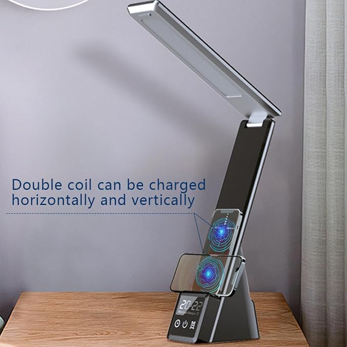3-in-1 Foldable Wireless Charging Station with Digital Clock&Alarm,15W Fast Wireless Charger for Phone,Earbuds and Smartwatch,Qi Charging Dock with Bedside Lamp,3 Color Night Light,N61 Black.