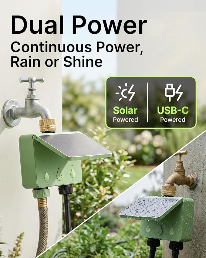 Solar WiFi Water Timer for Garden Hose, 2-Zone Sprinkler Controller with Flow Meter, Smart Irrigation System with Rain Delay, Brass Inlet, APP & Voice Control, No Hub Required