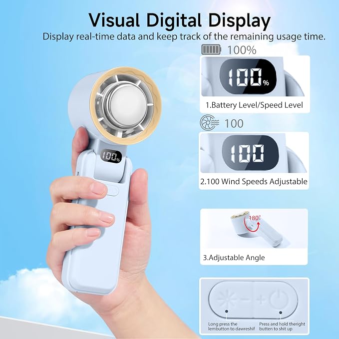 Handheld Portable fan with Turbo Cooling Ice Cooler- Hand Held Fan Rechargeable,100 Speed, 20H Battery Life 3600mAh, Powerful Mini Personal Fan for Travel, Outdoor, Beach, Makeup, Summer Use