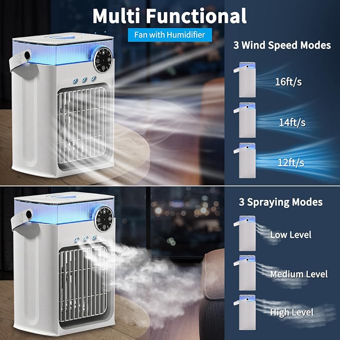 Portable Air Conditioner with Remote Control,1200ml Evaporative USB Mini Air Cooler Conditioner RGB 8 LEDs, 3 Speed 3 Spray Mode,2-8H Timer Small Portable Ac Unit for Home Bedroom,Pearl White