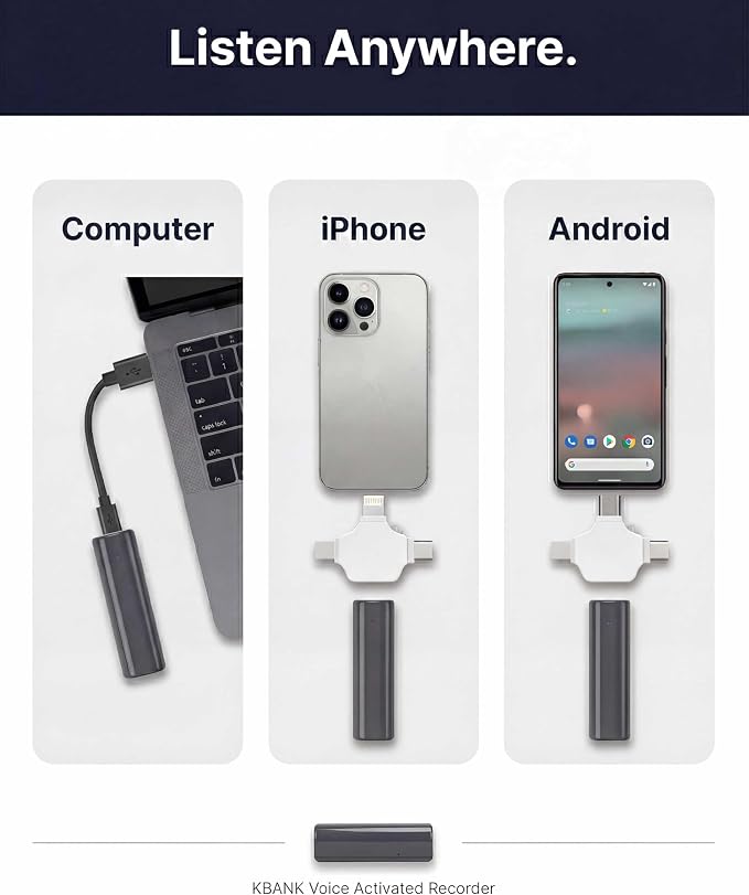 KBANK Long Battery Life Voice Activated Recorder with Playback on iPhone and Android | Voice Recorder Listening Device | 576 Hours of Recorder | 150 Days of Standby Battery Life